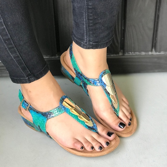 Snake Leather Metal Accent Kitten Wedge Sandal - Picture 2 of 8